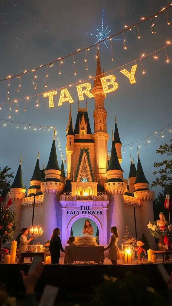 A beautifully lit castle setting for a fairy tale themed baby shower with decorations and guests.