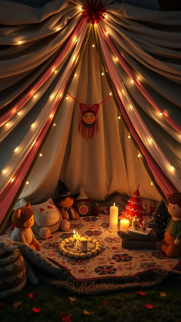 23 Creative Blanket Fort Ideas for Ultimate Cozy Fun 14 A cozy blanket fort adorned with lights and toys, creating a magical fairy tale atmosphere.