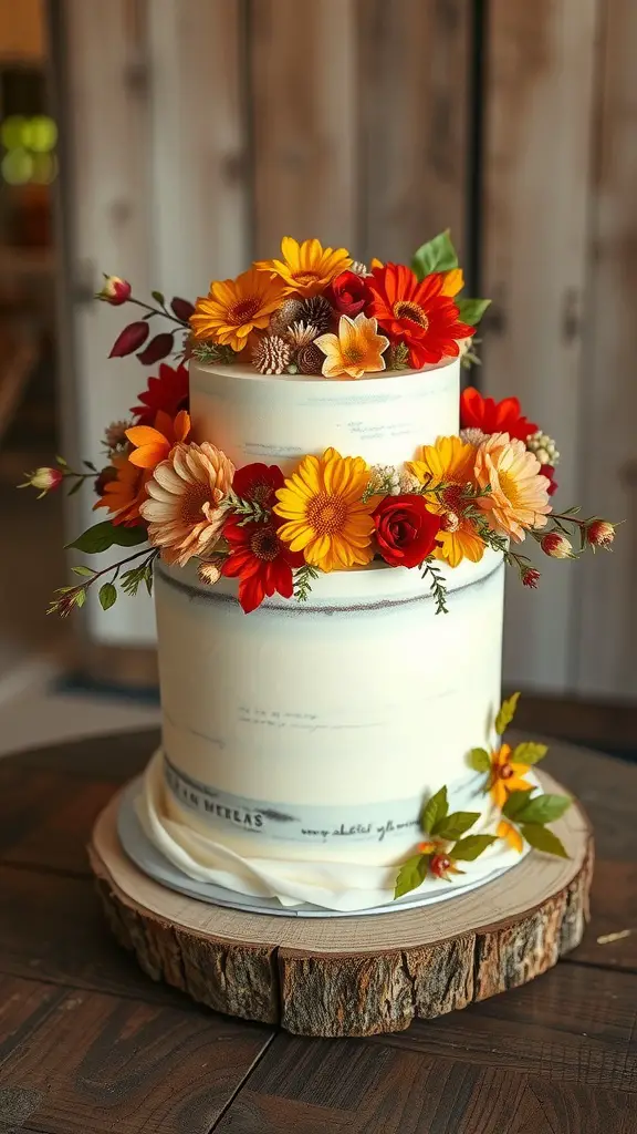A multi-tiered cake decorated with seasonal flowers in warm autumn colors.