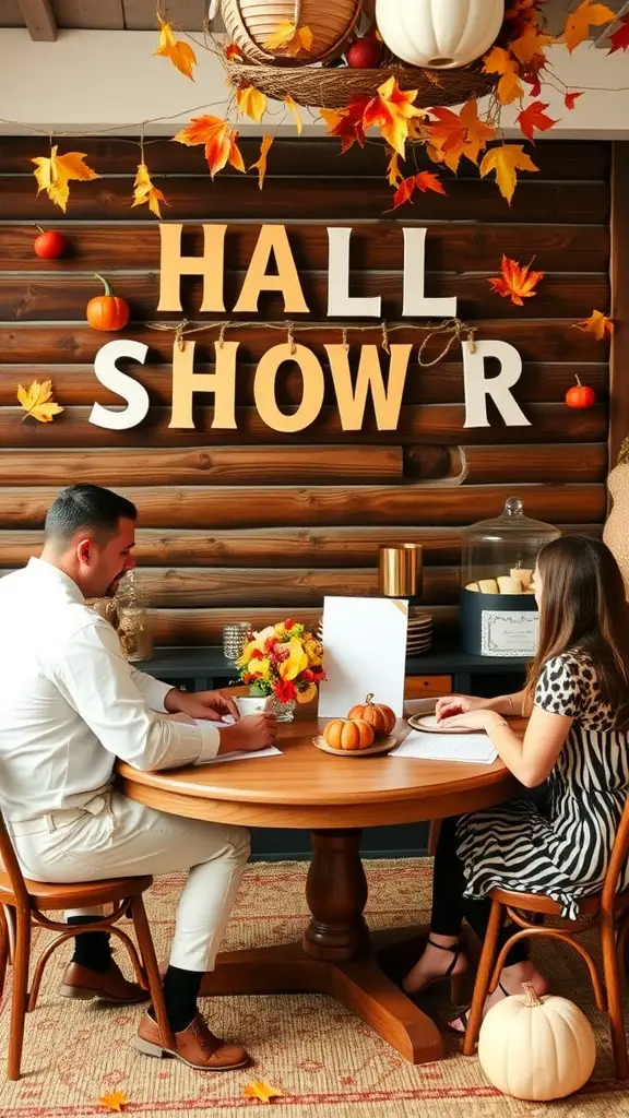 A couple at a bridal shower table decorated with fall elements, including pumpkins and autumn leaves.