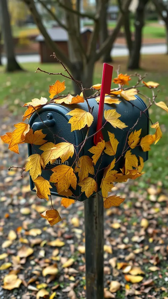 A mailbox decorated with fallen yellow leaves and twigs.