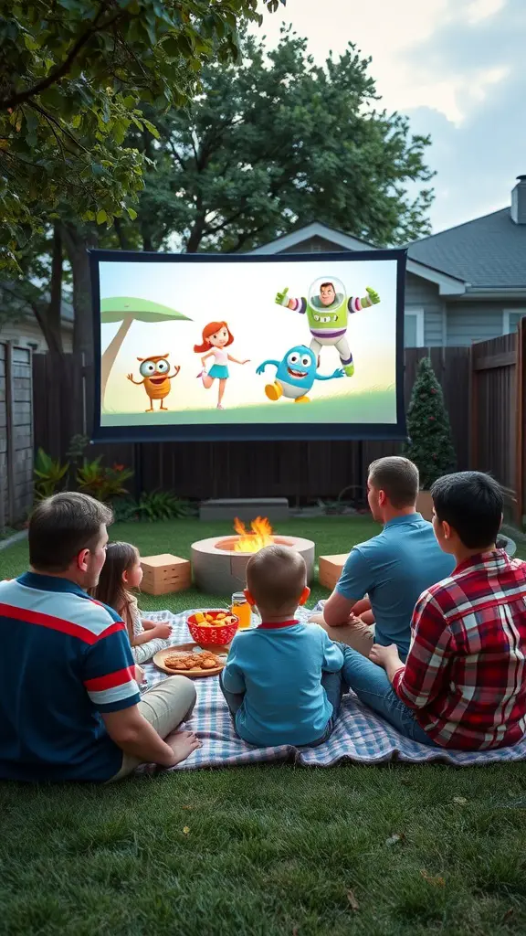 15 Creative Outdoor Movie Night Ideas for Unforgettable Evenings 11 A family watching an animated movie outdoors on a screen with a fire pit nearby.