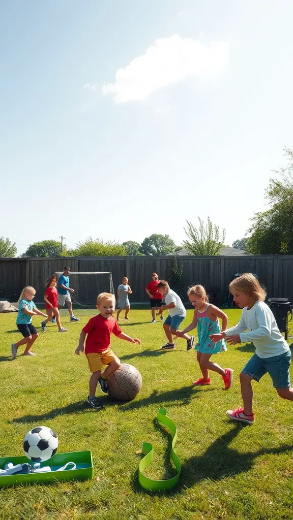 A sunny family sports day with children playing soccer and running around in a backyard