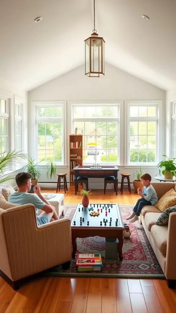 Cozy family game room in a sunroom with large windows, natural light, and a game table.
