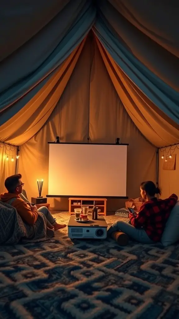 21 Creative Indoor Fort Ideas for Kids 16 A cozy indoor fort for movie night with a projector and screen, soft cushions, and warm lighting.