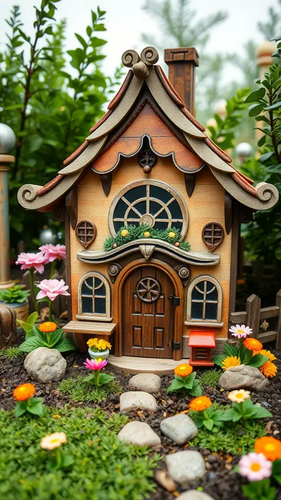 25 Adorable DIY Kids Playhouse Ideas for Endless Fun 8 A charming fairy house surrounded by colorful flowers and stones, perfect for kids' imaginative play.