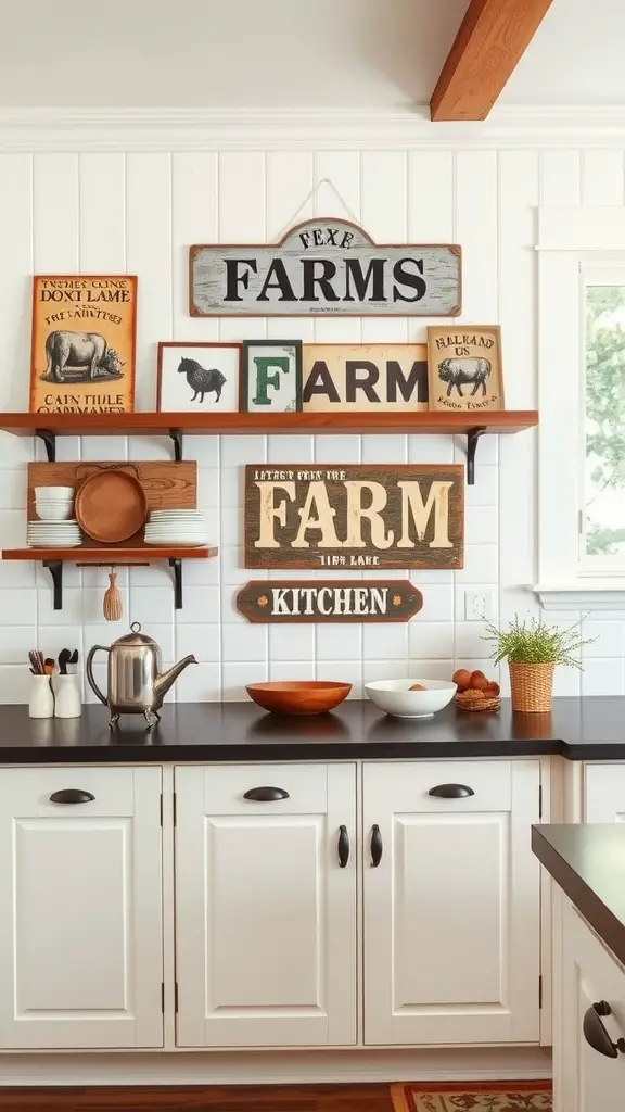 A collection of farm-themed wall art and signage displayed in a farmhouse kitchen.