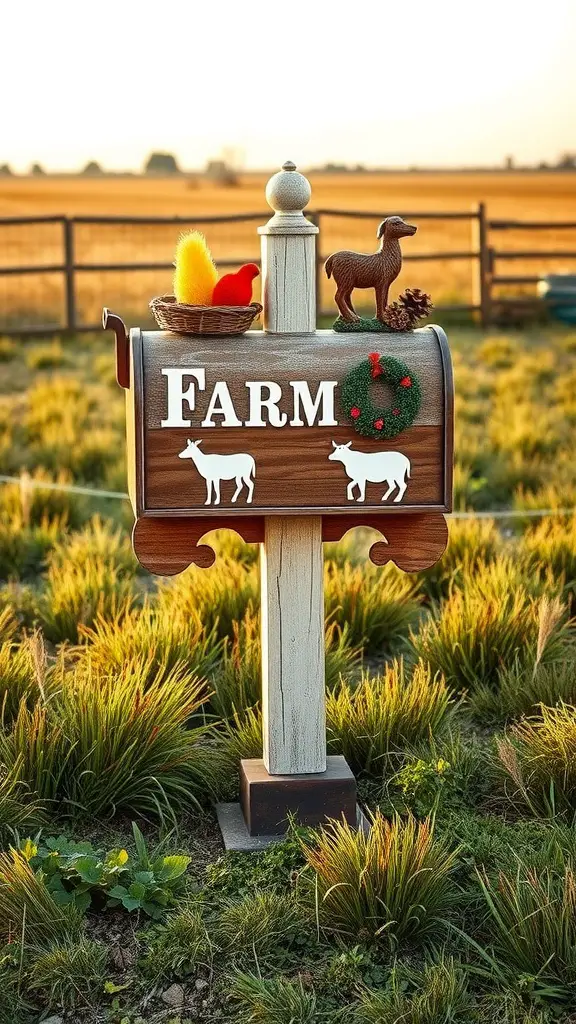 A rustic farm-themed double mailbox post with decorative accents, set against a green field.