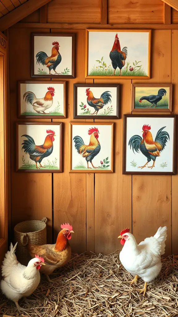 15 Creative Chicken Coop Decor Ideas to Enhance Your Backyard 7 Wall art featuring various rooster paintings in a chicken coop
