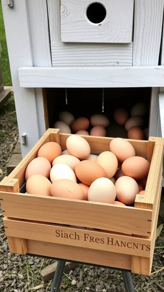 15 Creative Chicken Coop Decor Ideas to Enhance Your Backyard 15 A wooden crate filled with fresh eggs in a chicken coop display.