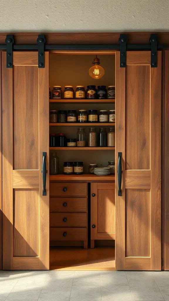 Wooden pantry doors opened to reveal neatly organized shelves with jars and a warm light
