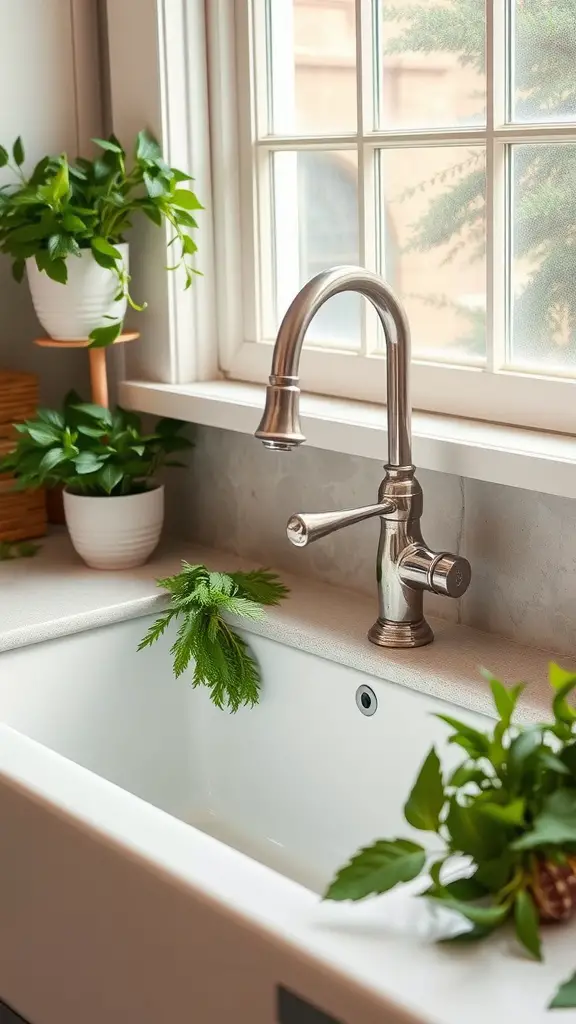 A farmhouse sink with a vintage faucet surrounded by plants in a kitchen setting