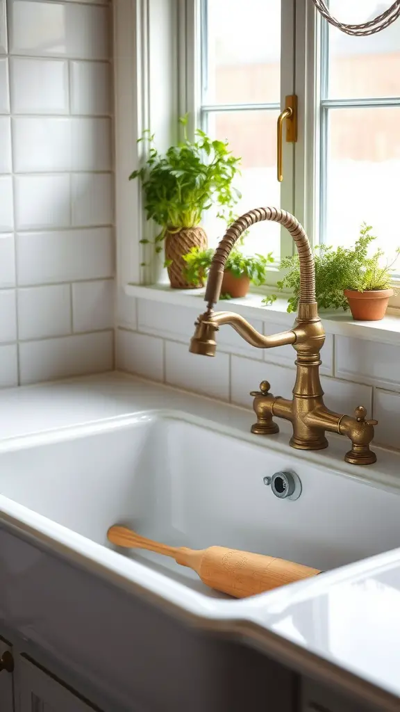 Farmhouse sink with a vintage brass faucet and potted plants on the windowsill