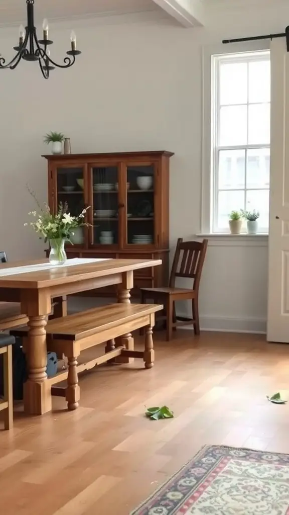 19 Stunning Modern Farmhouse Dining Room Ideas You’ll Love 4 A cozy dining room featuring a wooden table and a farmhouse style bench, complemented by a chair and decorative elements.