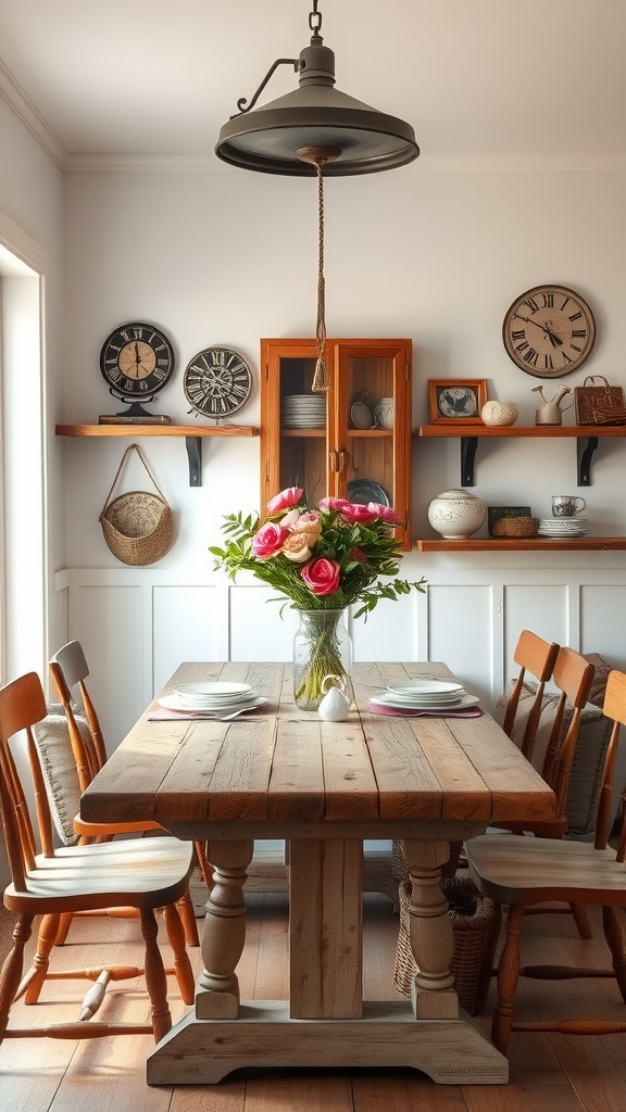17 Cozy Dining Nook Ideas for Your Home 8 Cozy farmhouse style dining nook with wooden table and chairs, decorated with flowers and vintage items.