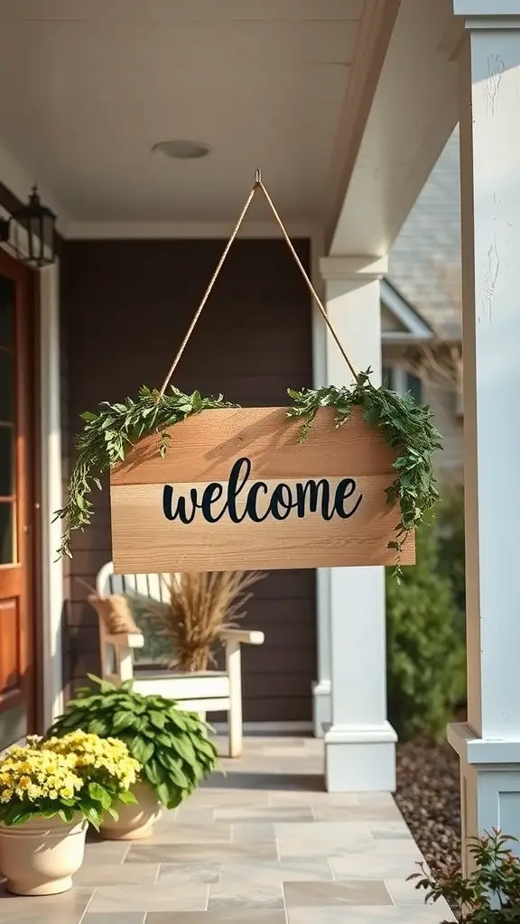 A wooden welcome sign with greenery hanging on a porch, surrounded by potted plants.
