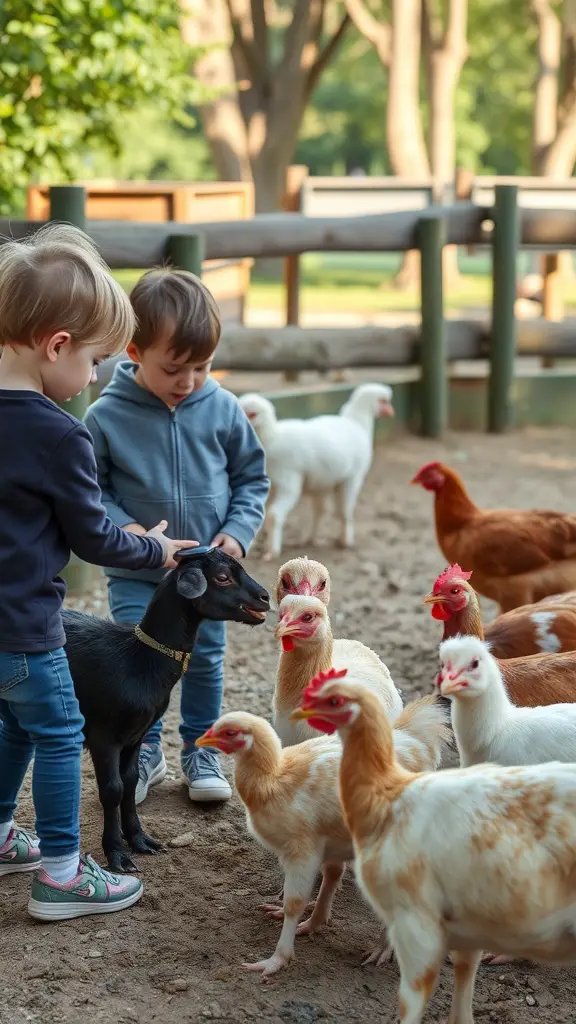 19 Fun Outdoor Birthday Party Ideas for Kids 12 Children interacting with animals at a farmyard birthday party.