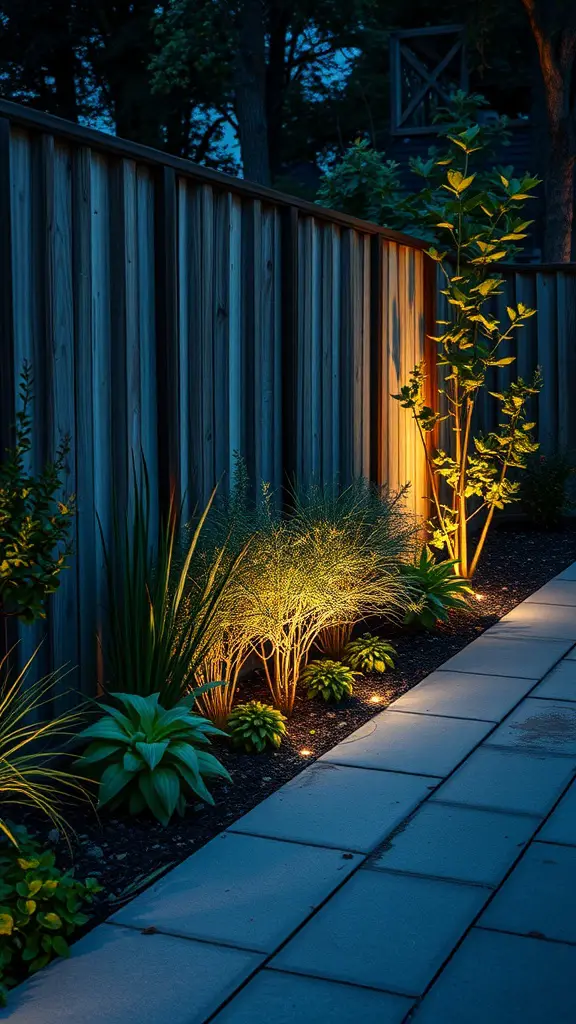 17 Creative Landscaping Ideas for Your Fence Area 14 A well-lit garden path next to a wooden fence, showcasing plants and integrated lighting features.