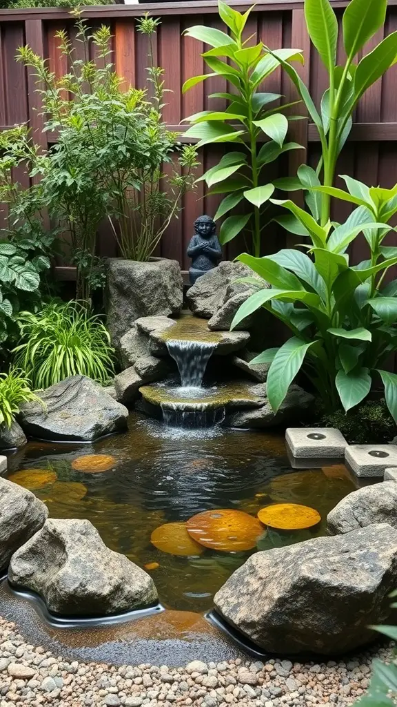 A serene garden water feature with a small waterfall and pond surrounded by greenery