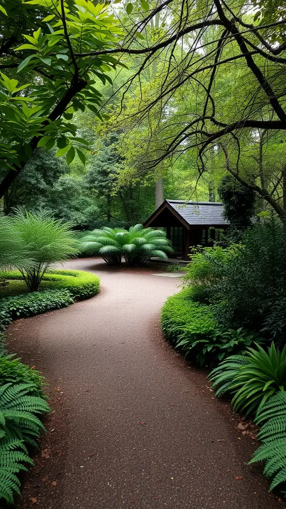 15 Creative Fern Garden Ideas for a Lush Outdoor Retreat 8 A winding garden path surrounded by lush ferns and greenery, leading to a wooden structure.