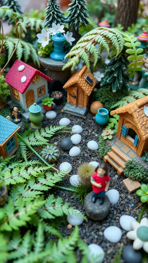 15 Creative Fern Garden Ideas for a Lush Outdoor Retreat 16 A vibrant fairy garden filled with miniature houses, figures, and lush ferns.