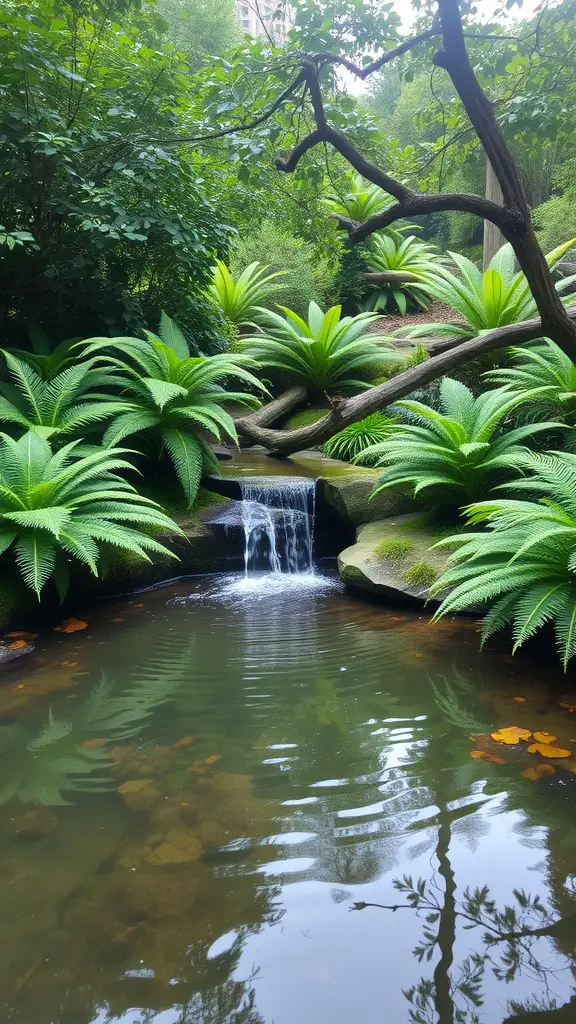 15 Creative Fern Garden Ideas for a Lush Outdoor Retreat 15 A tranquil garden scene featuring ferns around a small waterfall and pond.