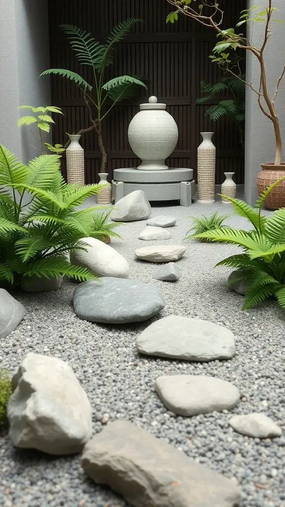 15 Creative Fern Garden Ideas for a Lush Outdoor Retreat 5 A serene Zen garden with ferns and smooth stones creating a calming atmosphere.