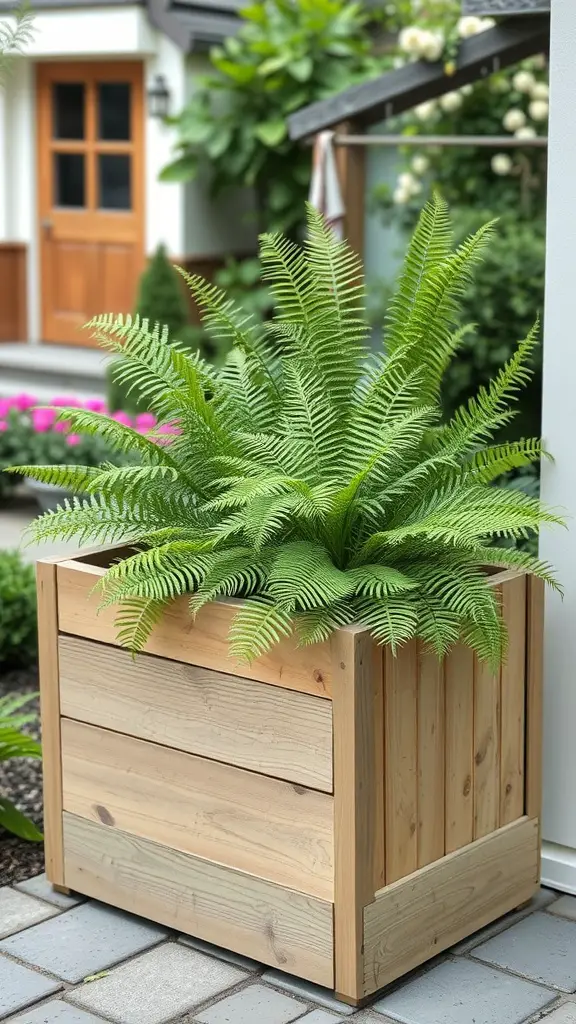 15 Creative Fern Garden Ideas for a Lush Outdoor Retreat 6 A lush fern in a rustic wooden container, set in a garden environment.