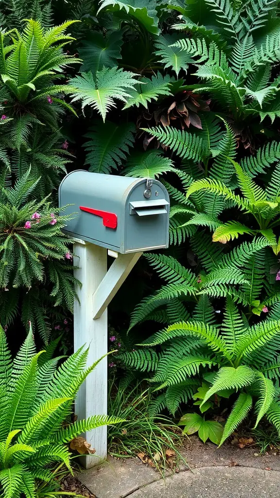 19 Stunning Mailbox Plants to Enhance Your Curb Appeal 17 A gray mailbox surrounded by lush green ferns, creating a vibrant outdoor scene.