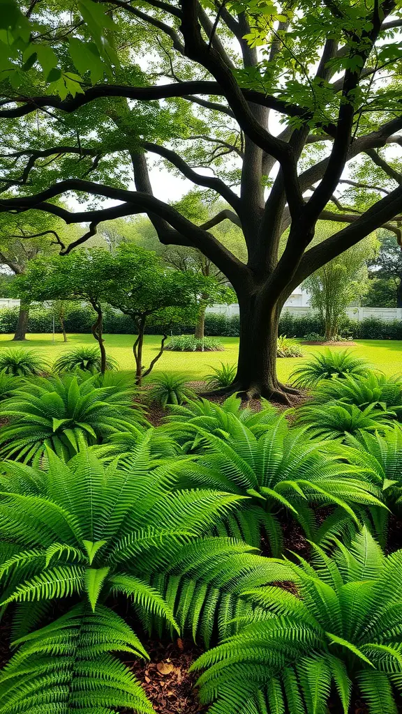 15 Creative Fern Garden Ideas for a Lush Outdoor Retreat 14 A lush garden scene featuring vibrant ferns growing under a large mature tree.