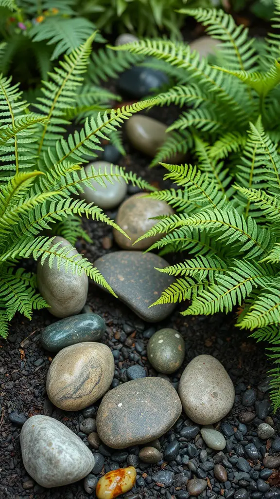 15 Creative Fern Garden Ideas for a Lush Outdoor Retreat 12 Lush ferns surrounding a variety of decorative stones in a garden setting.