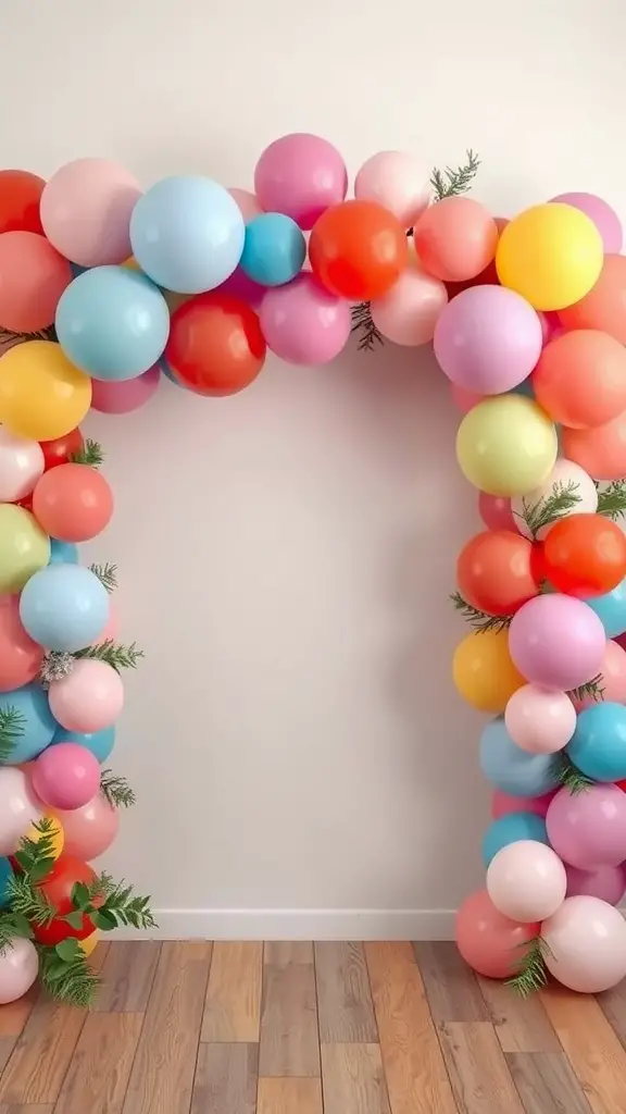 29 Creative Baby Shower Ideas for November Celebrations 2 Colorful balloon garland arch with pink, blue, red, yellow, and green balloons accented with greenery.