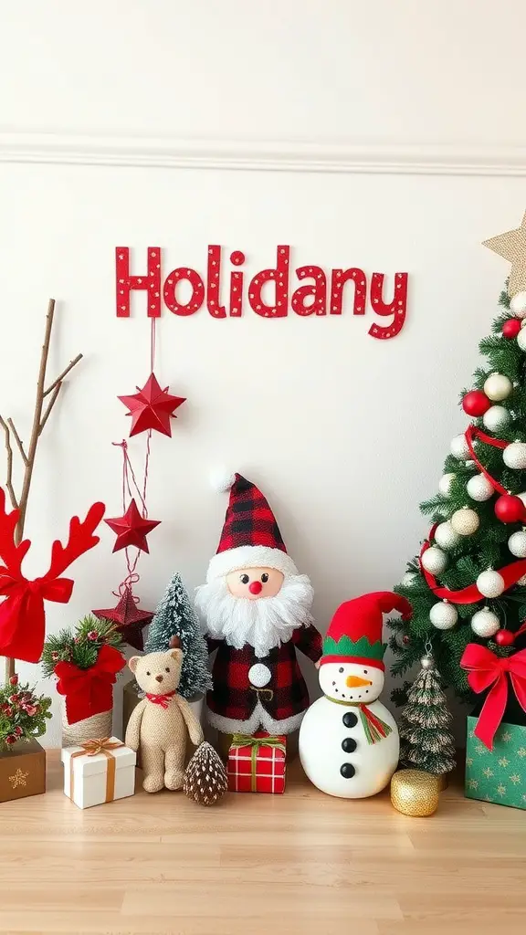 A festive holiday decor scene featuring a Christmas tree, Santa, a snowman, and colorful decorations.