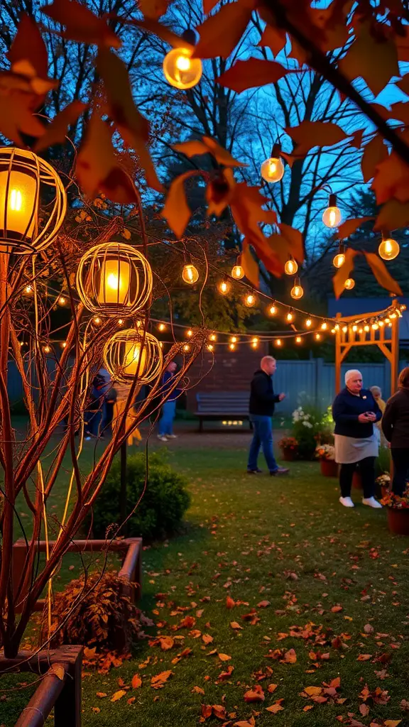A cozy garden illuminated by string lights and decorative lanterns during fall.