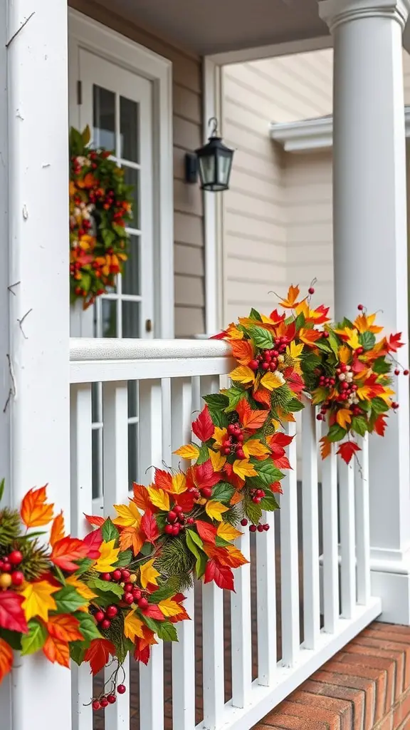 A festive garland made of colorful autumn leaves and berries wrapped around a white porch railing.