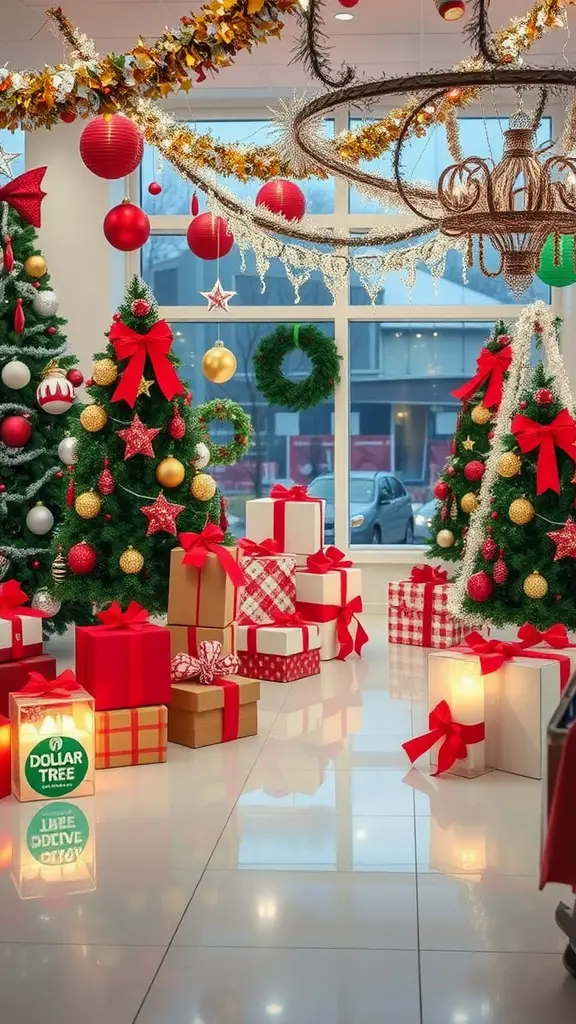 A festive holiday display featuring Christmas trees, wrapped gifts, and colorful decorations at a Dollar Tree store.