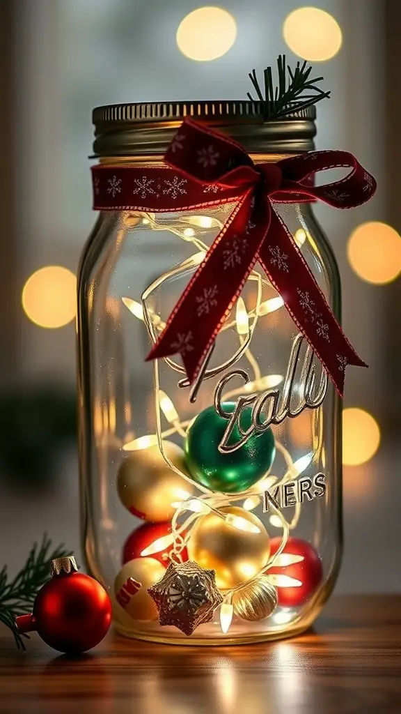 A mason jar filled with colorful ornaments and lights, decorated with a red bow and pine, creating a festive holiday centerpiece.