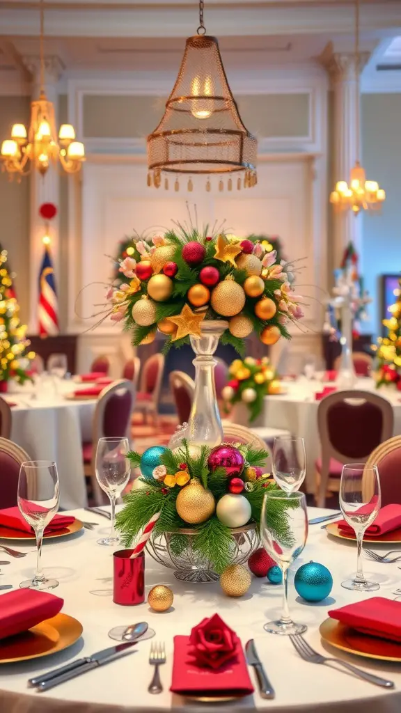 23 Creative Baby Shower Ideas for December Celebrations 10 A beautifully arranged table with festive ornament centerpieces featuring colorful ornaments and elegant decor.