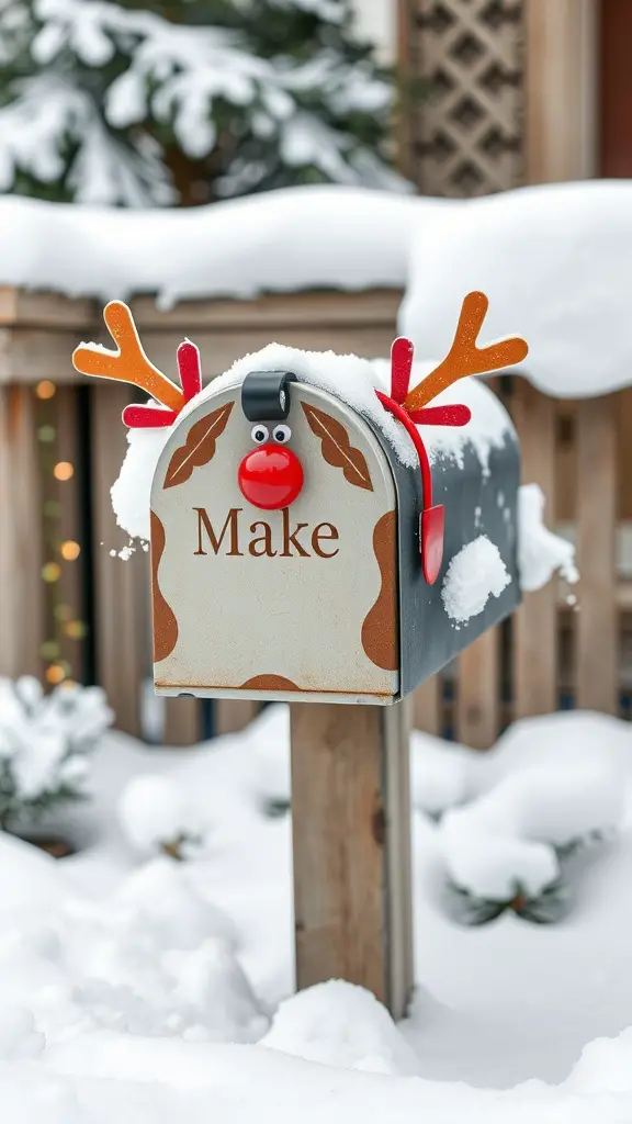 A mailbox decorated to look like a reindeer with snow on top.