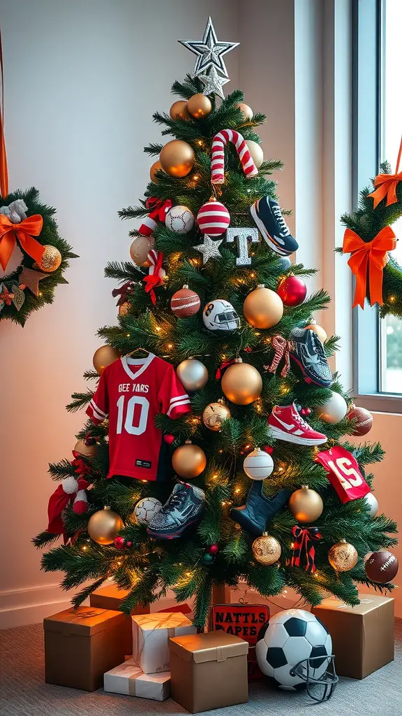 17 Creative Dollar Tree Christmas Tree Ideas on a Budget 11 A Christmas tree decorated with sports jerseys, sneakers, and ornaments, reflecting a festive sports fan theme.