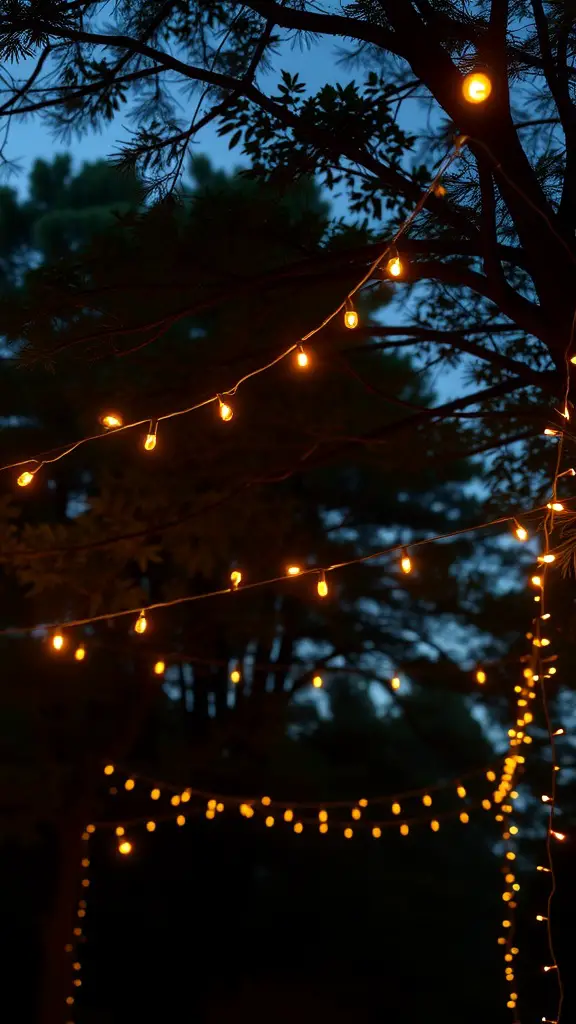 17 Fun Outdoor Birthday Party Ideas for an Unforgettable Celebration 2 Festive string lights hanging between trees in a darkening evening sky