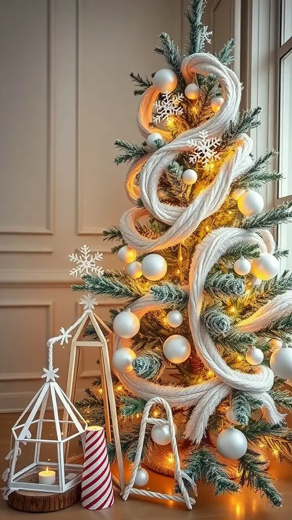 17 Creative Dollar Tree Christmas Tree Ideas on a Budget 17 A beautifully decorated Christmas tree with white ornaments, rope accents, snowflake decorations, and glowing lights, complemented by lanterns and a candy-striped candle.