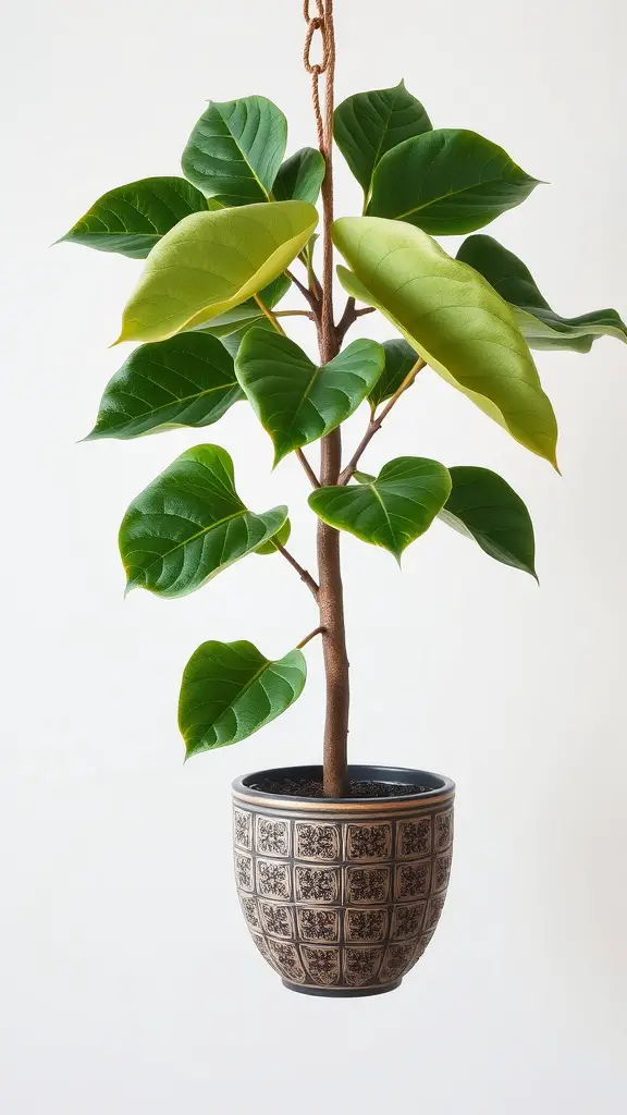 15 Stunning Indoor Hanging Plants to Transform Your Space 11 A Fiddle Leaf Fig plant hanging in a decorative pot with large green leaves.