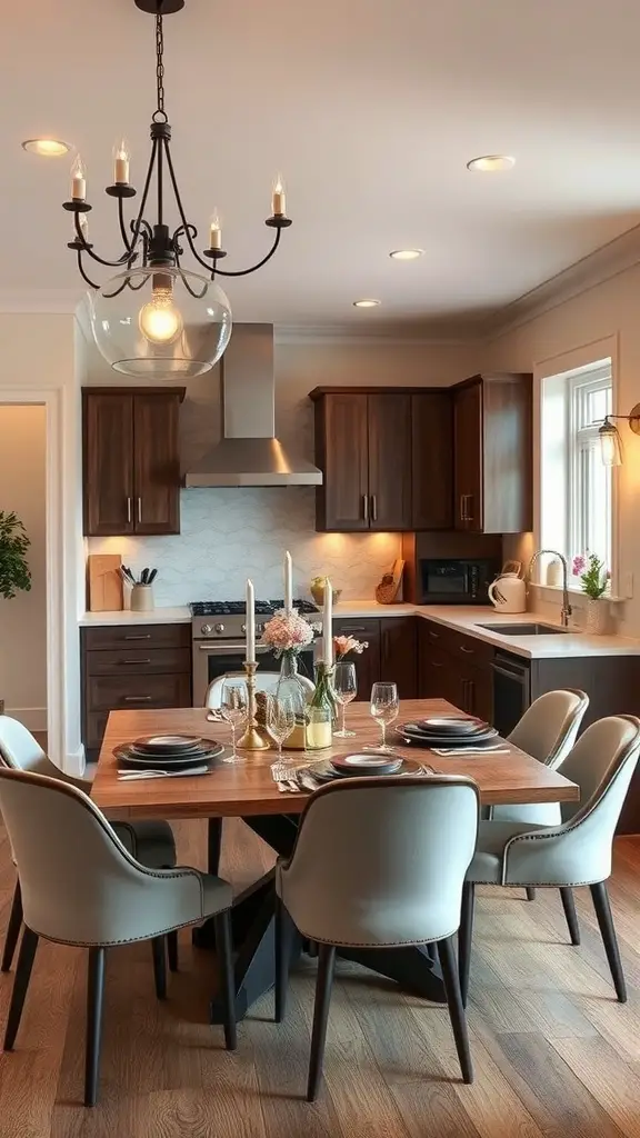21 Stunning Luxury Kitchen Design Ideas for Your Dream Home 17 A cozy kitchen with wooden cabinets, a dining table set for fine dining, and elegant lighting.