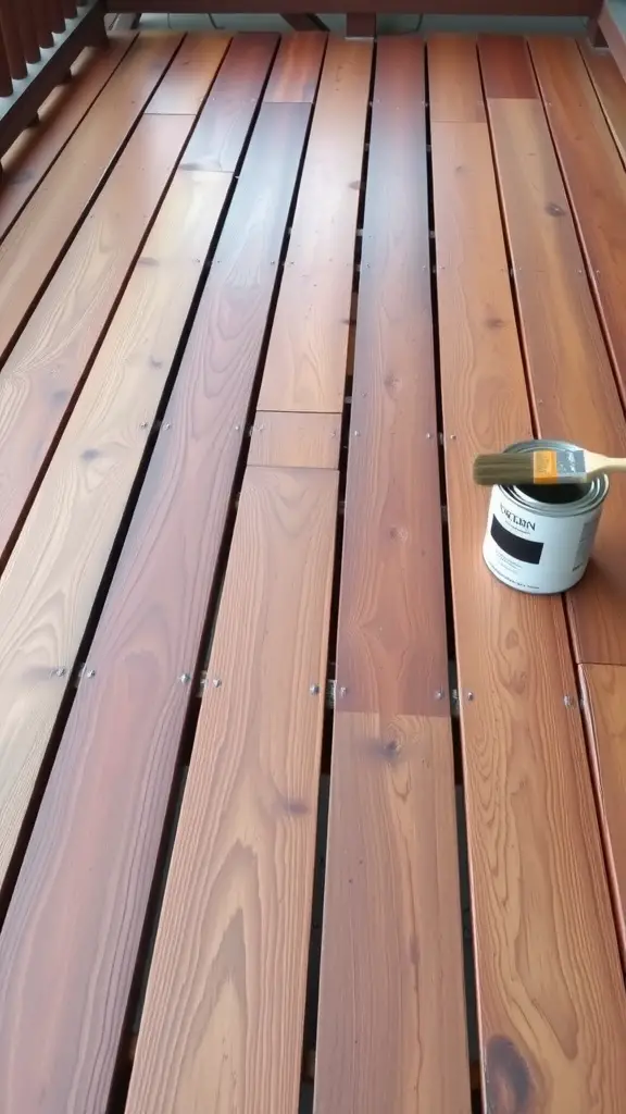 15 Creative DIY Ideas for a Stunning Pallet Deck 12 A wooden pallet deck with a can of stain and a brush on it.