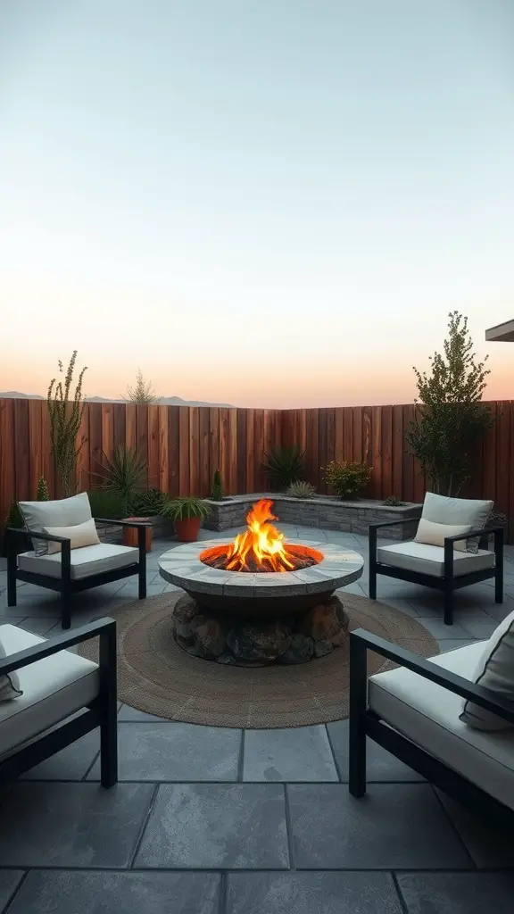 A modern back patio featuring a circular stone fire pit surrounded by chairs, with a serene evening sky.