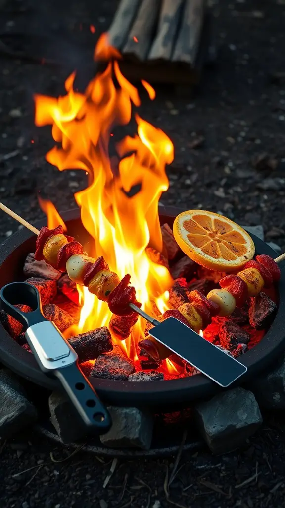 17 Stunning Outdoor Fire Pit Area Ideas for Cozy Gatherings 13 A fire pit with skewers of vegetables and a roasted orange slice over the flames.