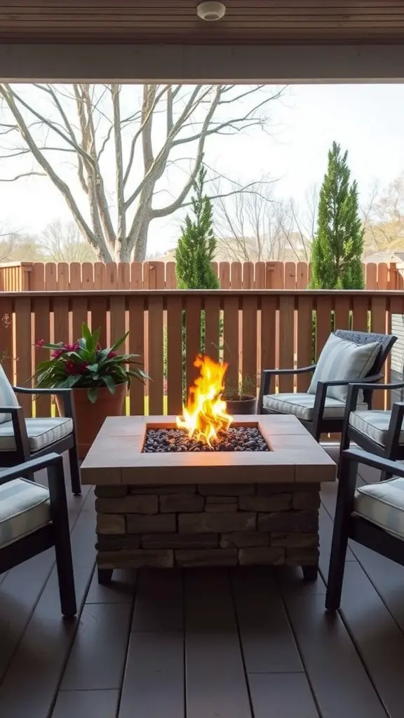 21 Charming Small Back Porch Ideas to Transform Your Outdoor Space 12 A cozy fire pit with a stone base on a small back porch, surrounded by comfortable chairs and plants.