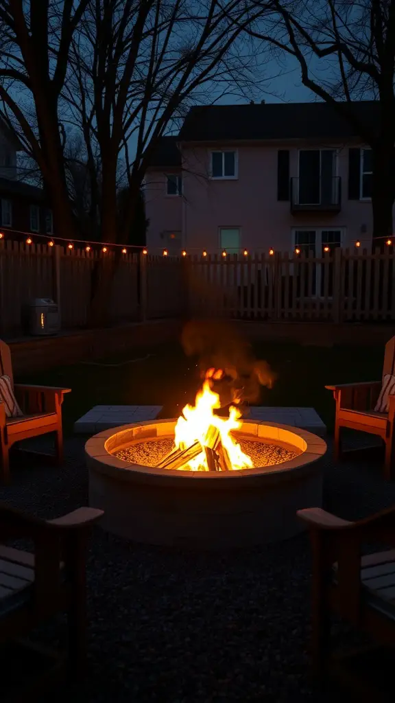 19 Creative Ideas for Epic Backyard Movie Nights 7 A cozy backyard fire pit surrounded by chairs, illuminated by string lights at night.