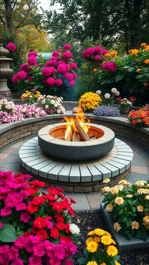 15 Stunning Fire Pit Landscaping Ideas for Your Outdoor Space 10 A cozy fire pit surrounded by colorful flower beds, featuring vibrant blooms in various shades.